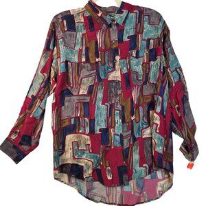 Vintage Deadstock 1980s Whistles 100% Silk Abstract Print Shirt M Burgundy